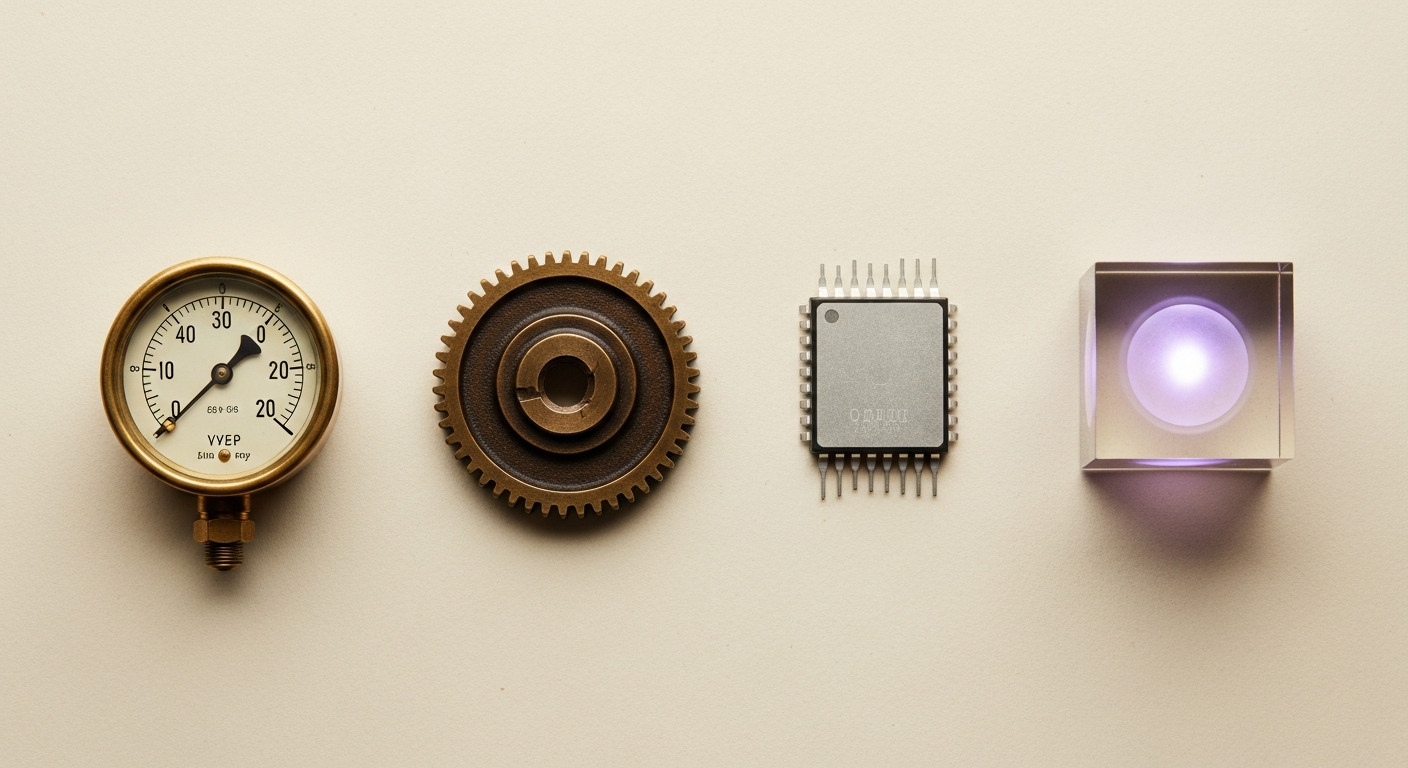 Steam. Factory. Electronic. Cyber — a visual braid of the four industrial revolutions.